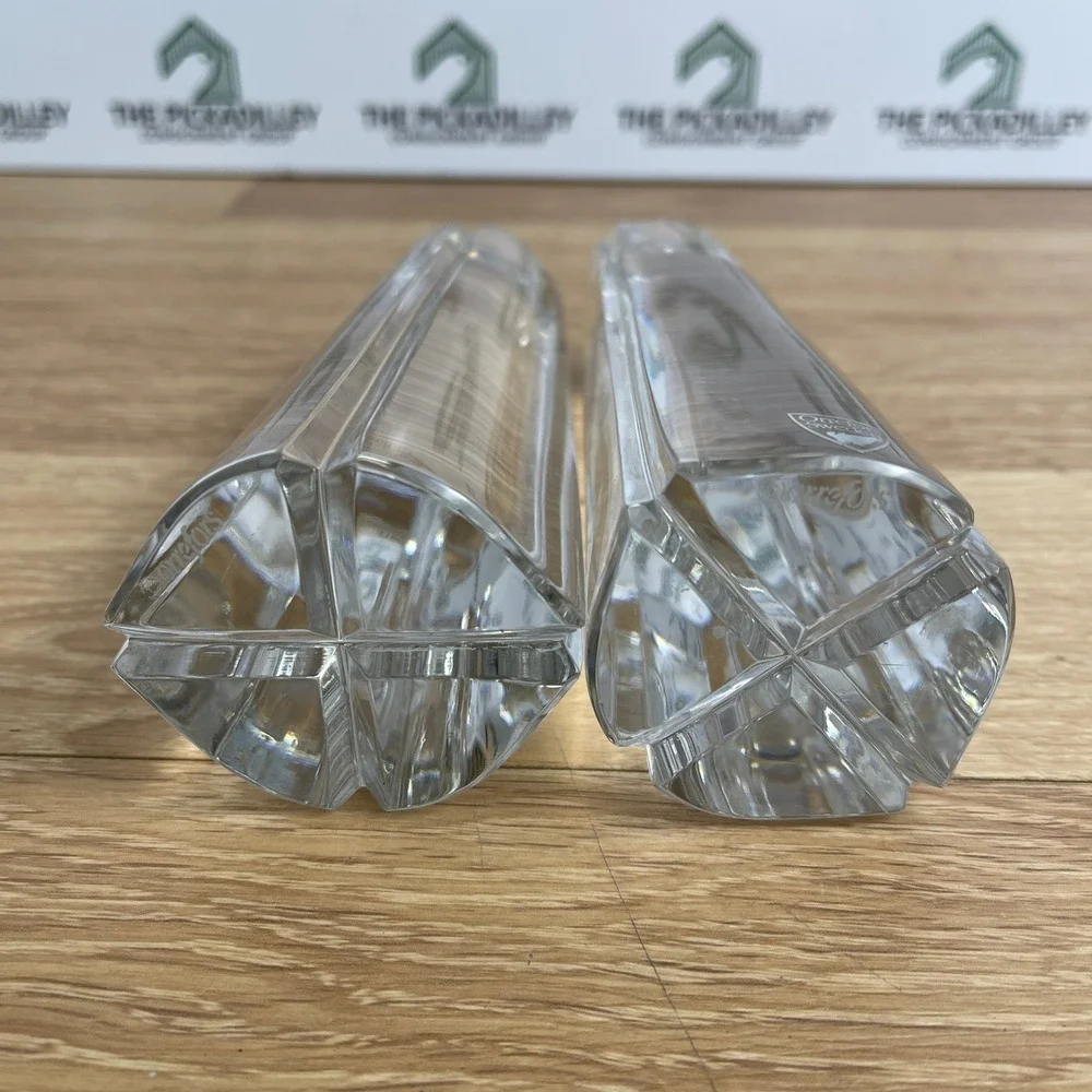Orrefors Sweden Crystal Bud Vases Pair Hexagonal Tapered Clear Glass 7.5 Inch
